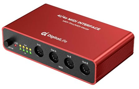 DigitalLife Quad-I/O 5-PIN DIN MIDI Interface - MIDI Thru Box (4-In/4-Out) & MIDI Merge Box (2-In/4-Out), 8 x LED-Anzeigen, Metall