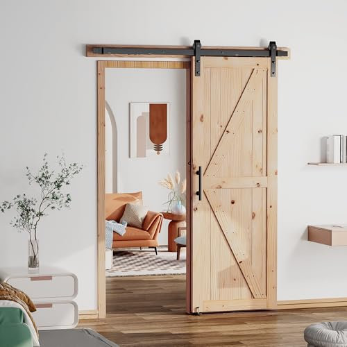 SANKEYTEW 76,2 x 213,4 cm unlackierte Schiebetür mit 1,5 m Scheunentor Hardware Kit erfordert einfache Montage, Scheunentore und Hardware im Lieferumfang enthalten (Schiebetür, K-Form)