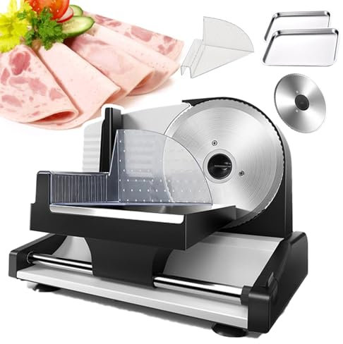 pedenencelia Cortadora Alimentos Eléctrica para Fiambres,Patas con Ventosa Antideslizante,con Cuchilla De Acero Inoxidable Extraíble 19 Cm2 Bandejas Y Empujador Alimentos,Cortadora Pan