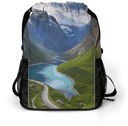 FCTVSKLN Drawstring Backpack Norwegian Fjords Printed Drawstring Bags Dry And Wet Separation Gym Sack with Shoes Compartment