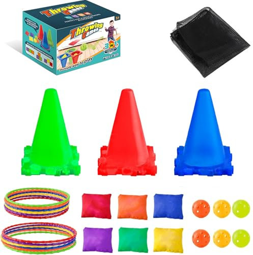 Toss Jeu à Cônes, 3 en 1 Jeux en Plein Air pour Enfant?3 Cônes, 12 Anneaux, 6 Sacs de Haricots, pour Indoor Family Jeux d'extérieur Journées Sportives Jardin Party