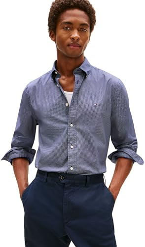 Tommy Hilfiger Chemise Homme Flex Poplin Micro Regular Fit, Bleu (Preppy Navy/Allover), XL