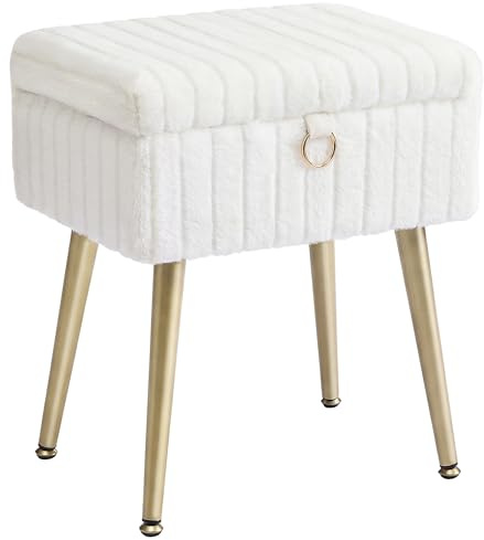 SONGMICS Sgabello da Trucco, Pouf Contenitore, Poggiapiedi, Gambe in Metallo, Imbottito, Piedini Regolabili, Soggiorno Camera da letto Cabina Armadio, Bianco Crema LOM505WZ02