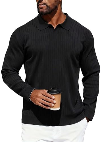 Remxi Mens Long Sleeve Knit Polo Shirt V Neck Ribbed Jumper Casual Textured Golf Shirts Lightweight Pullover Jumpers with Collar Black M