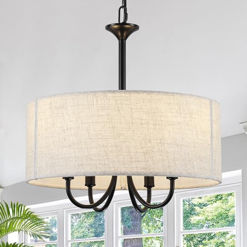 Xuridongsheng Drum Chandelier for Dining Room, 4-Light Modern Farmhouse Black Chandelier with Linen Drum Shade, 16 Hanging Pendant Ceiling Light Fixture for Kitchen Island Bedroom Living Room