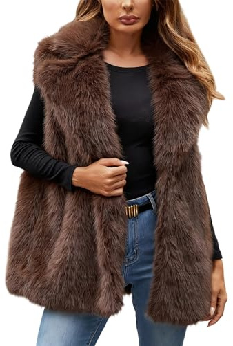 Generisch Gilet lungo da donna in pelliccia sintetica, elegante, senza maniche, per attività all'aria aperta, in tinta unita, lungo, in pelliccia sintetica spessa, morbido, O marrone, M