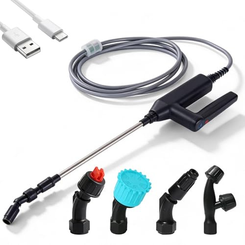 Pulverizador a presión con batería, pulverizador eléctrico de 7,4 V, con 5 boquillas, niveles de pulverización ajustables, manguera de 8 m, pulverizador portátil para jardín