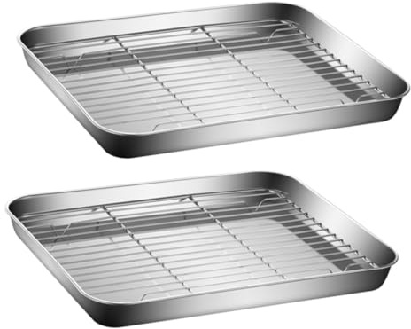 Hoement 2 Juegos de Bandejas para Hornear y Rejillas de Drenaje de Acero Inoxidable 23x17x2.5 Cm, Bandejas Multifuncionales para Freír, Escurrir y Almacenar en Cocina Doméstica