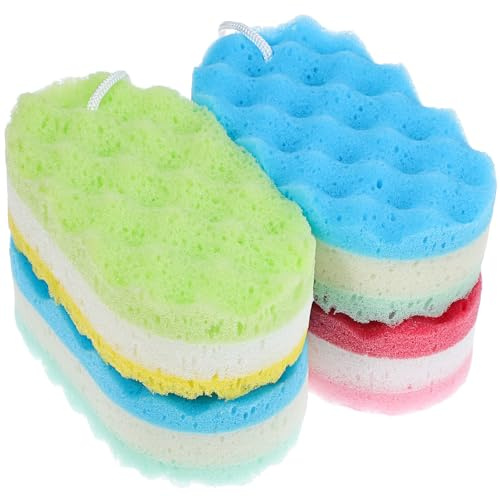 TIKODIDA 4 Pezzi Set 4 Spugne da Bagno in Luffa Cordino, Spugna Esfoliante per Doccia e Corpo, Schiuma Ricca e Durevole, Dimensione Mano, Colori Vivaci per Cura della Pelle