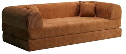 Snygg 3-sitsig bäddsoffa, orange, 190 cm | 100% räfflad plyschtyg, tvättbart överdrag, 2 kuddar ingår, tassvänlig och halkfri