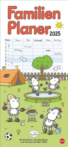 Sheepworld - Agenda familiar 2025 con 5 columnas, calendario familiar ilustrado con cariño con vacaciones escolares y horarios. (Planificador familiar Heye)