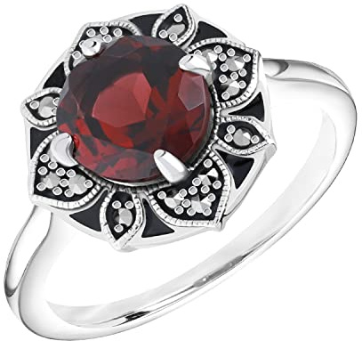Esse Marcasite - Anello Art Nouveau in argento sterling con granato e smalto nero, Pietra preziosa,