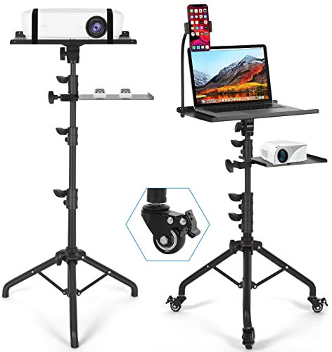 Tossbiss Laptop Tripod on Wheels with 2 Shelves, Portable Projector Floor Stand Adjustable Height 25.9 to 51.8 Inch with Phone Holder
