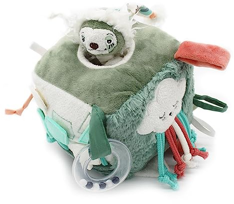 LES DÉGLINGOS - Aktivitätswürfel aus Stoff Chillos Le Faultier - Spielzeug mit Ton und Touchscreen für Baby - Entwicklungsspielzeug - Geschenk zur Geburt - 12 cm - Grün