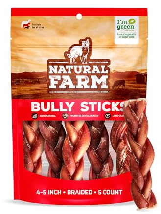 Natural Farm Odor-Free Braided Bully Sticks (4-5 Inch, 5 Pack) - 100% Grass-Fed Beef, Grain-Free, Low Fat & Fully Digestible Best Dental Treats, Safest Long Lasting Pizzle Chews to Keep Your Dog Busy