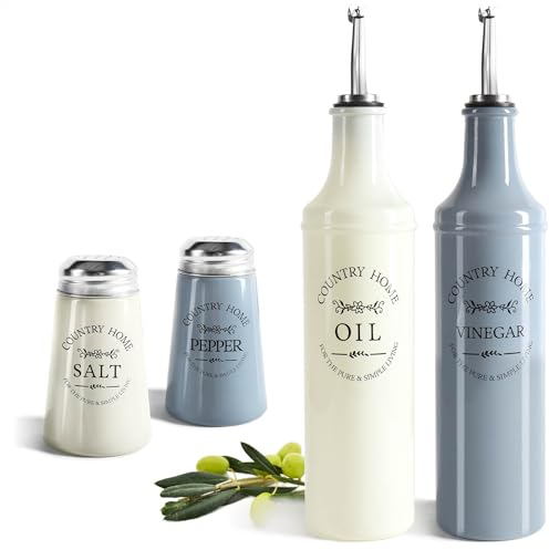 COM-FOUR® 4-piece kitchen set made of glass - oil and vinegar bottle with stainless steel pourer, flap, ventilation pipe - salt and pepper shakers in country house style (4 pieces - bottles + shakers)