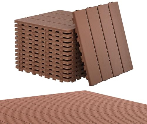Aufun Lot de 22 dalles de balcon, 30 x 30 cm, aspect bois, carreaux de jardin imperméables, en plastique, avec système à clic, revêtement de sol, pour balcon, terrasse, extérieur, café foncé, 2 m²