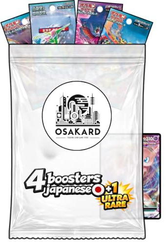 Osakard® Lot de 4 Boosters aléatoires Officiels & Japonais + 1 Carte Ultra-Rare Japonaise | Cadeau de Cartes à Collectionner idéal