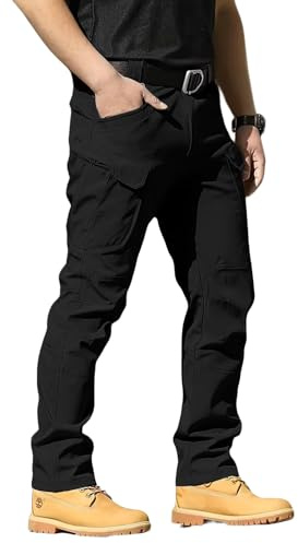 Boonlight Men's Lightweight Tactical Pants, Water Resistant Hiking Cargo Pants with Multiple Pockets for Outdoor (No Belt), Black