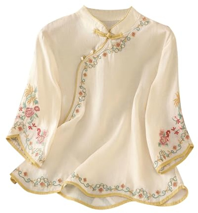 Chemise à manches 3/4 pour femme - Élégant chemisier brodé floral avec bouton pliable de style chinois - Hauts orientaux légers - Vêtements chinois traditionnels - Haut de style ethnique vintage