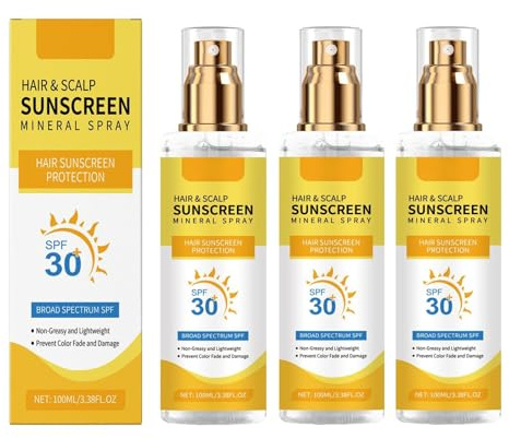 Hår- och hårbottenskydd spray SPF 30, solskydd hårbotten och hår, premium mineral Broad Spectrum solskyddsspray lätt, inte fet, för hårbotten och benel (3 st)