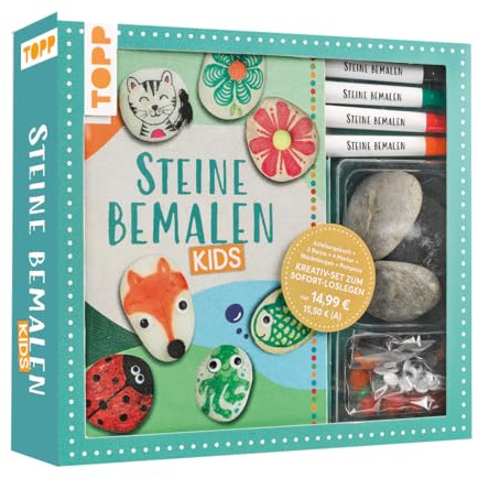 Kreativ-Set: Steine bemalen Kids mit Wackelaugen, Pompons, Anleitungsbuch & Material: Buch (32 S., DIN A5, Softcover), 3 Steine, 4 Marker mit 2 ... Orange, Grün, Schwarz, Wackelaugen, Pompons