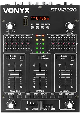 Vonyx STM2270 2-Kanal DJ Mischpult Bluetooth, DJ Mischer, Audio Mixer mit USB MP3 Player, DJ Controller mit Effekten, Crossfader, Mikrofonanschluss, Talkoverfunktion, DJ, Musiker, Club, Bar, Gastro