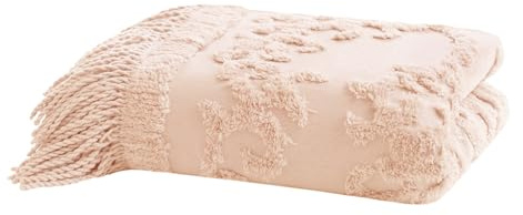 Madison Park 100% Cotton Tufted Chenille Design With Fringe Tassel Luxury Elegant Chic Lightweight, Breathable Cover, Luxe Cottage Room Décor Summer Blanket, 50 x 60, Blush