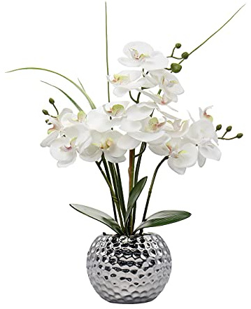 Oairse Artificial White Phalaenopsis Orchid Flower Arrangements 20.8 Faux Orchid Flower in Silver Pot Orchid Centerpiece for Dining Room Table