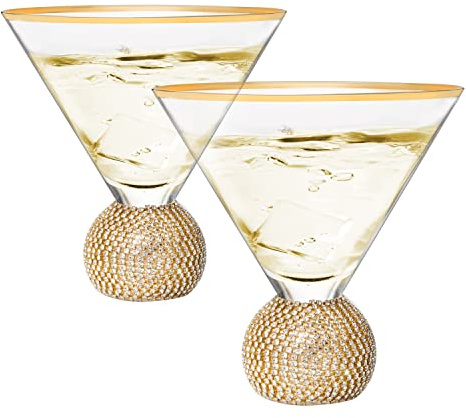Diamond Studded Martini & Cocktail Glasses Set of 2, Rhinestone Diamonds Stemless Crystal Ball Base, 10.5 oz, Shiny Style Crystal, Beautiful Hosting, Wedding, Everyday Rhinestones Glass Silver