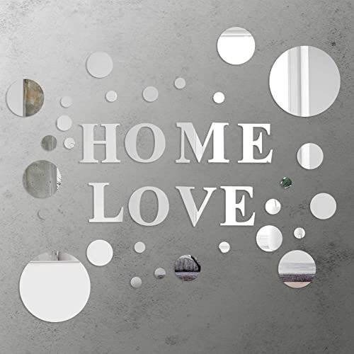 milaosk 34 Stück Wandtattoo Wohnzimmer, 3D Spiegel Wandaufkleber DIY Acrylspiegel Love Home Runder Spiegel Deko Abziehbilder für Schlafzimmer, Hintergrund Wandkunst, Kinderzimmer Deko