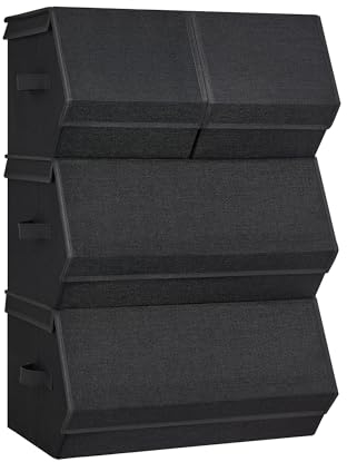 SONGMICS Boîte de Rangement avec Couvercle, Lot de 4, Coffre, Panier, Empilable, avec Fermetures Magnétiques, en Tissu, Cadre en Métal, pour Vêtements, Livres, Noir Classique RLB022B01