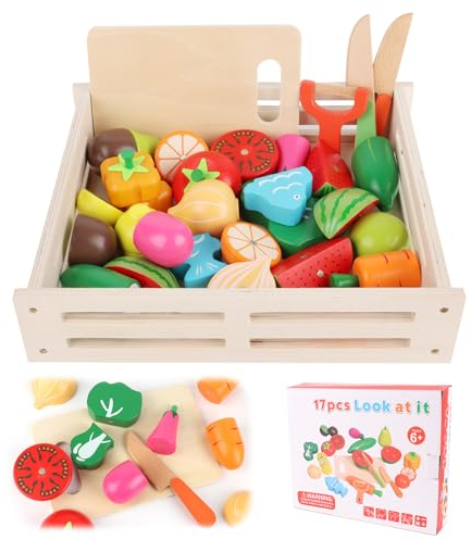 VFANDV Kinderküche, Küchenzubehör aus Holz Schneiden Obst und Gemüse Magnetisches Spielzeug Simulation Küchenspielzeug Kinder Rollenspiel Lernspielzeug Geschenk für Jungen und Mädchen