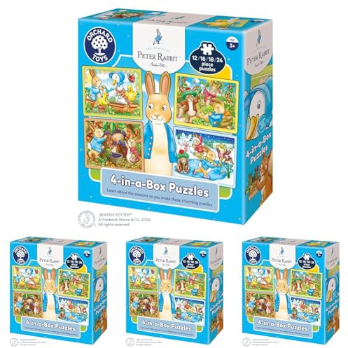 Peter Rabbit™ 4-in-a-box Puzzles by Orchard Toys, 12, 16, 18 and 24 Pieces Official Beatrix Potter Jigsaw Puzzles, for Children Age 3+, Birthday Gift (Pack of 4)