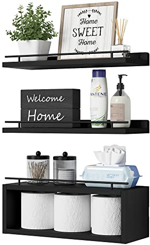 WOPITUES Floating Shelves for Wall with Cube Shelf, Wall Shelves with Metal Rail for Bathroom Decor, Bathroom Organizers and Storage, Over Toilet Shelves for Toilet Paper-Black