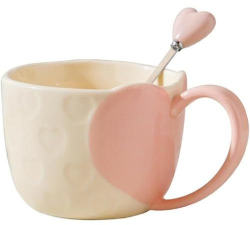 VollfitYYu Herz Kaffeetasse Porzellan Kaffeebecher mit Löffel Relief Herzen Muster Teetasse Keramiktasse für Valentinstag Muttertag Hochzeit Frauen Mädchen Mama Freundin (Rosa)