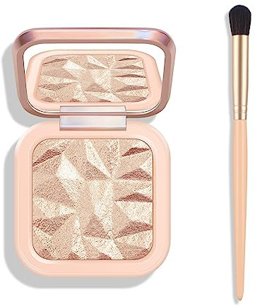 Lilbitty 1 Stück Highlighter Palette in Champagner mit Glitzer + 1 Stück Aprikosenfarbener Pinsel, Glänzende Schminke für Natürlichen Glow, Langanhaltender Schimmer für Gesicht, Make-up Set
