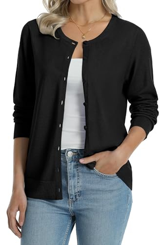 QUALFORT Women's 100% Cotton Cardigans Soft Lightweight Long Sleeve Knitted Crewneck Button Down Sweater Black Medium