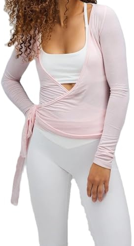 Camiseta sexy para mujer Y2k, estilo envolvente, manga larga, cuello en V profundo, ajustada, para yoga, pilates, ballet, entrenamiento de baile, con aspecto sexy, de un solo color, banda elástica
