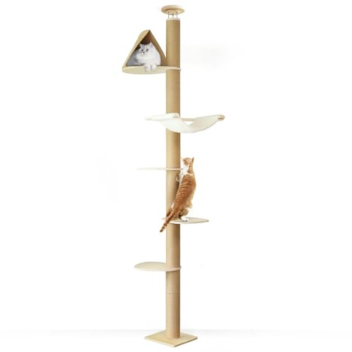 FUKUMARU Golv-till-tak Kattträd, 6 Nivåer Justerbar Höjd (180-300 cm) Klättertorn med Förstärkta Klopel, Kattaktivitetscenter med Mysig Hängmatta - Beige