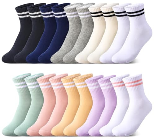 Utensilsto 10 Paare Socken Damen 38-41, Tennissocken Bunte mit Streifen, Sportsocken Crew Socken Baumwollsocken Atmungsaktive für Tennis Arbeit Freizeit Sport (Mehrfarbig)