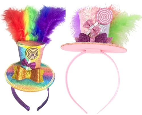 ZhuXIXILiang Lot de 2 serre-têtes à plumes arc-en-ciel pour femme - Mini chapeau haut-de-forme - Chapeau de clown - Accessoires de cheveux pour déguisement amusant - Accessoire de déguisement pour