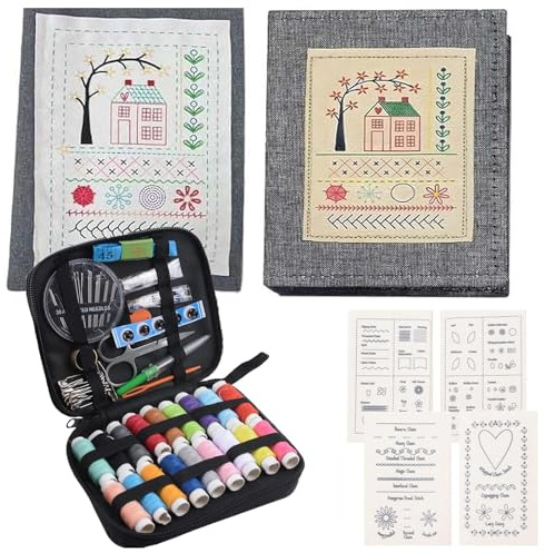 Broderi stygbok, gör-det-själv hög täthet linne söm böcker set med steginstruktioner, kreativt broderi stygn bokset med sykit, 106 unika sömmar (1 set)