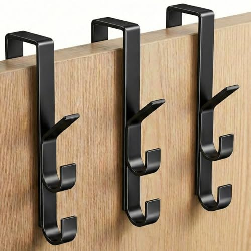 SoH8 Lot de 3 Patères de Porte Suspendues (Total 9 Crochets) – Acier Carbone Renforcé – Porte Manteau Porte Sans Perçage Ultra-Plat (Fermeture Fluide) – Organisateur Vêtements & Sacs (Lot de 3 Noirs)