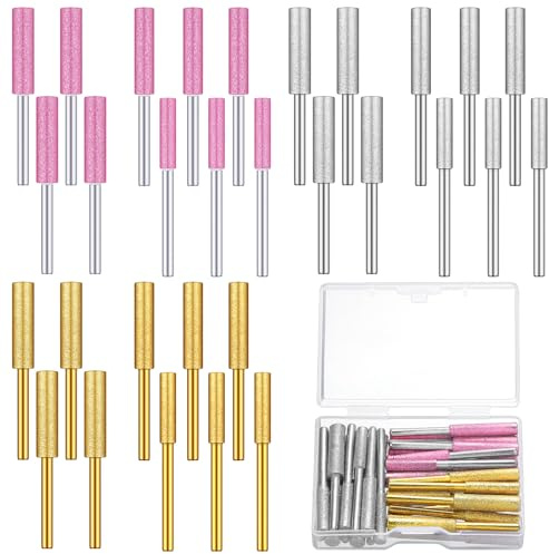 Chumia 45 Pcs High Hardness Titanium Diamond Chainsaw Sharpener Stone Bit Bulk Chain Electric Chainsaw Sharpening Wheels Kit 3 Size Plated Grinding Tool, 5/32, 3/16, 7/32 Inch (Gold Pink Silver)