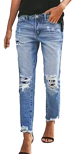 Générique Jeans Déchiré Troué pour Femmes Grande Taille Stretch À Jambe Droite De La Mode Décontractée avec Poche Classiqu Denim Jeans Slim Jambe Large Confortables Et Elégantes Troué Pantalon Denim