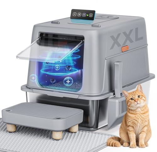 GTPLAYER XXL Stainless Steel Cat Litter Box with Lid, Smart Odor Control Enclosed Litter Box for Cats, Infrared Sensor Auto Pause, Non-Stick Anti-Leak High-Sided, with Mat, Scoop & Step, Grey