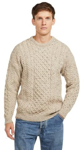 Aran Woollen Mills Inishbofin Mens Irish Cable Knit Sweater, 100% Natural Irish Wool, Oatmeal, Large