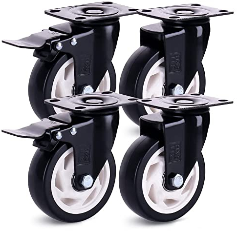 H&S 4 Castor Wheels Heavy Duty 600KG 100mm PU Swivel Trolley Furniture Caster with Brakes Black