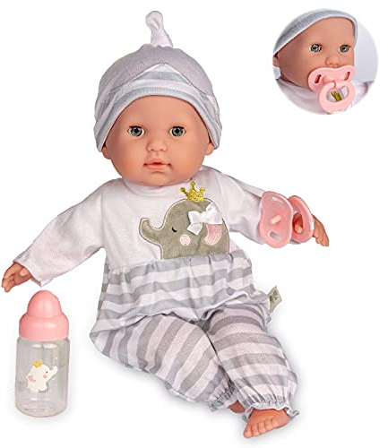 JC Toys- Muñeca Berenguer Boutique de Cuerpo blando de 38 cm, sus ojos se abren y cierran, incluye ropa y accesorios, gris, diseñado por Berenguer, +2 años